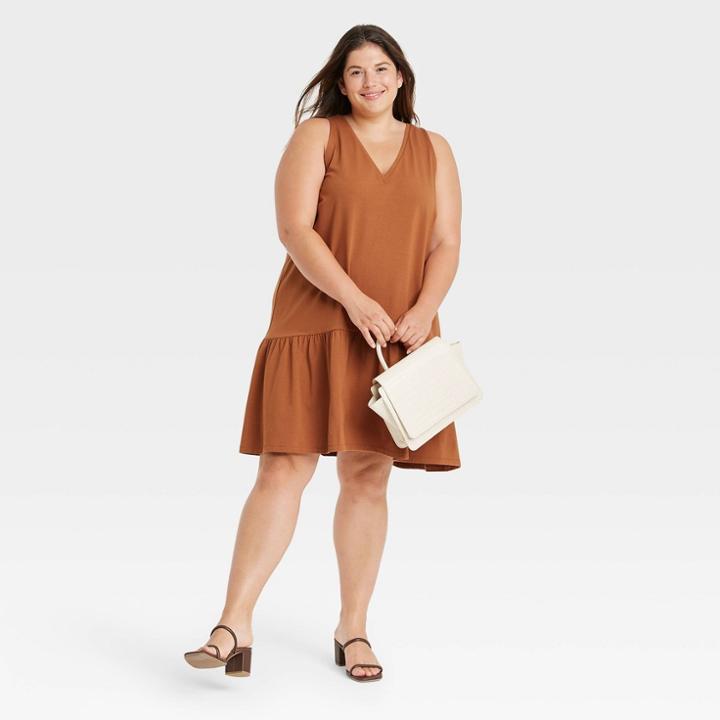 Women's Plus Size Sleeveless Ruffle Hem Knit Dress - A New Day Dark Orange
