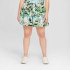 Women's Jurassic Park Plus Size Tropical Print Tie Waist Shorts (juniors') Green/white 3x,