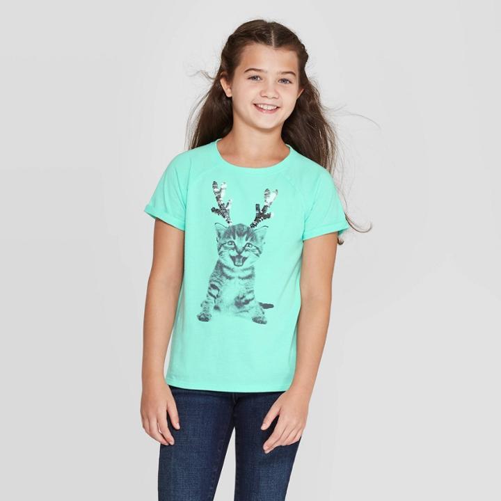 Petitegirls' Short Sleeve Flip Sequin Cat T-shirt - Cat & Jack Green S, Girl's,