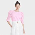 Women's 3/4 Sleeve Eyelet Top - A New Day Pink