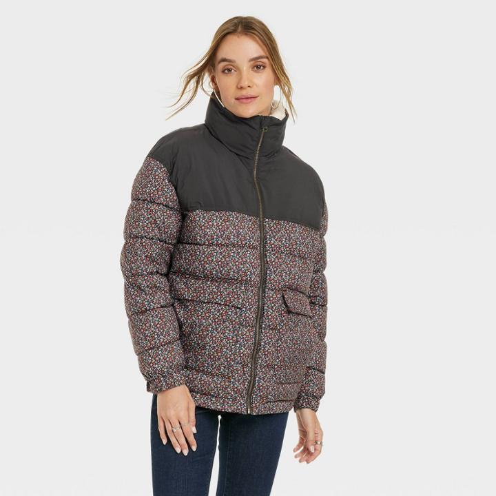 Women's Puffer Jacket - Universal Thread Gray Floral