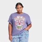Jerry Leigh Women's Plus Size Dia De Los Muertos Sugar Skull Short Sleeve Graphic T-shirt - Purple