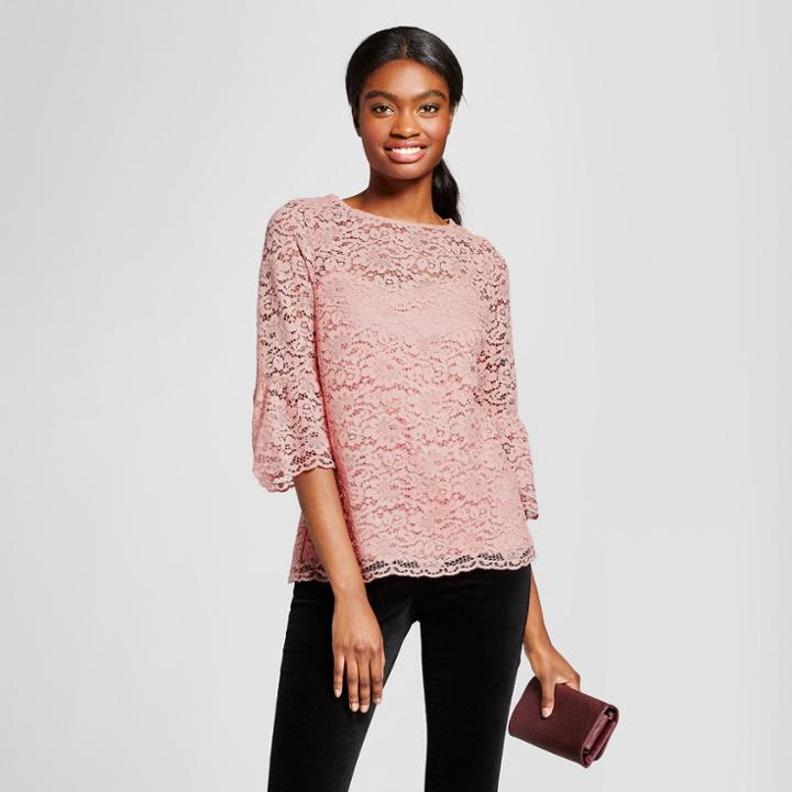 Women's 3/4 Sleeve Ruffle Cuff Lace Top - Alison Andrews Pink