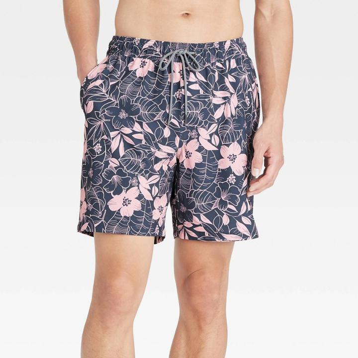 Men's 7 Floral Print Swim Trunk With Boxer Brief Liner - Goodfellow & Co Pink
