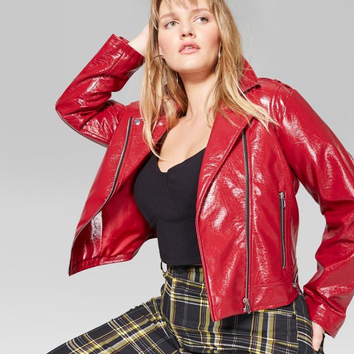 Women's Plus Size Faux Patent Leather Moto Jacket - Wild Fable Red