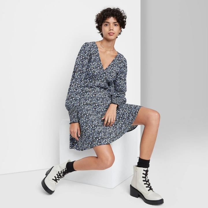 Women's Floral Print Long Sleeve Wrap Dress - Wild Fable Xs,