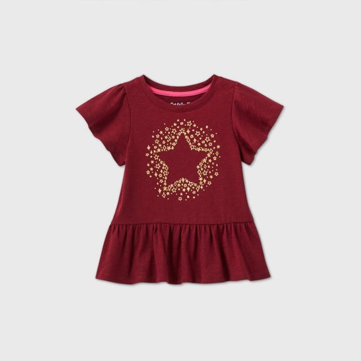 Toddler Girls' Short Sleeve Foil Star T-shirt - Cat & Jack Burgundy