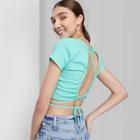 Women's Short Sleeve Lace-up Back Baby T-shirt - Wild Fable Light Aqua Blue