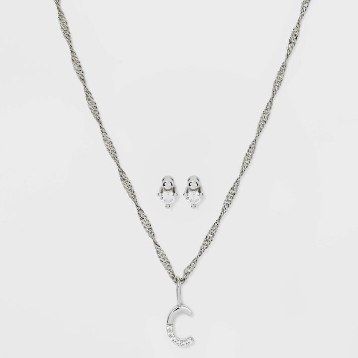 Silver Plated Cubic Zirconia 'c' Initial Earring And Pendant Necklace Set - A New Day