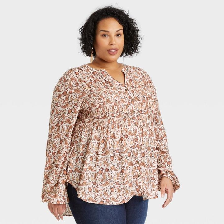 Women's Plus Size Long Sleeve Smocked Button-front Shirt - Knox Rose Blush