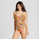 Vanilla Beach Women's Floral Print Cheeky Low Back One Piece Swimsuit - Caramel Floral