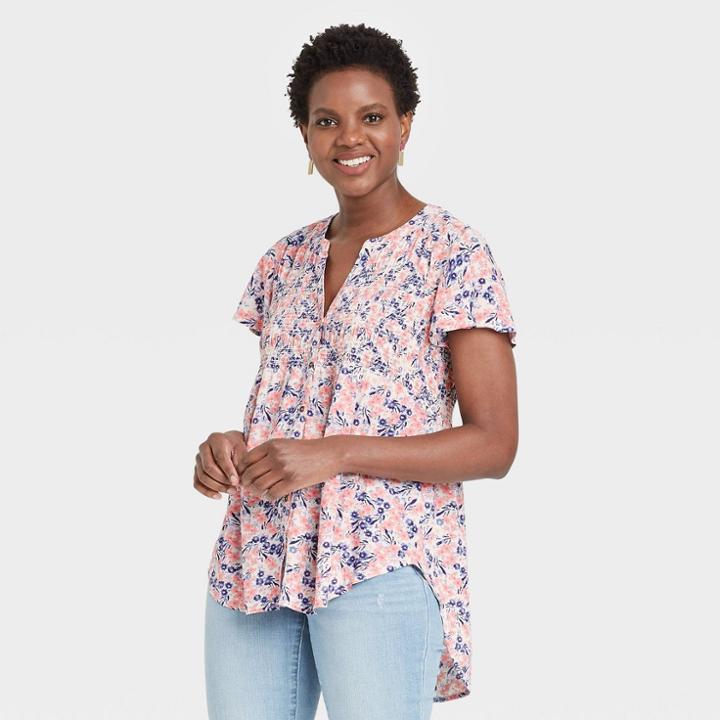 Women's Floral Print Short Sleeve Smocked Top - Knox Rose Ivory