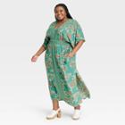 Women's Plus Size Flutter Short Sleeve Printed Kaftan A-line Dress - Knox Rose Green Floral