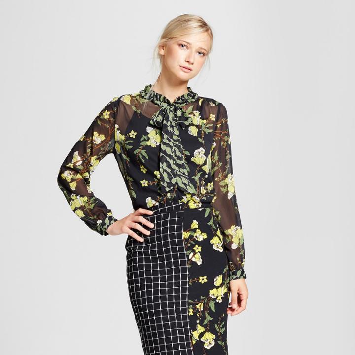 Women's Drapey Tie Neck Blouse - Who What Wear Black Floral