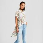 Women's Floral Print Short Sleeve High-low Button-down Top - 3hearts (juniors') Cream L, Green Off-white