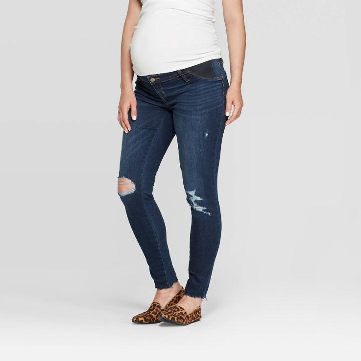 Maternity Side Panel Distressed Jeggings - Isabel Maternity By Ingrid & Isabel Dark Blue