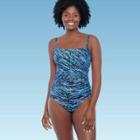 Women's Slimming Control Shirred Square Neck One Piece Swimsuit - Dreamsuit By Miracle Brands Blue