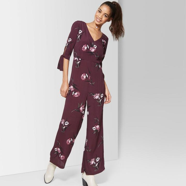 Women's Floral Print Tie Short Sleeve Jumpsuit - Wild Fable Burgundy (red)
