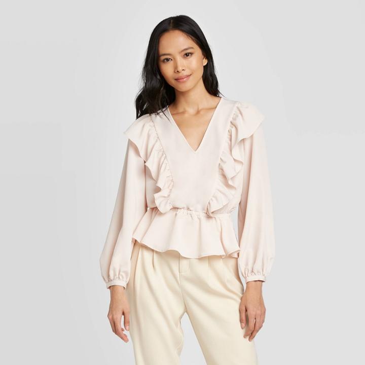 Women's Long Sleeve V-neck Ruffle Blouse - Who What Wear Peach Xs, Women's, Pink