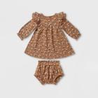 Q By Quincy Mae Baby Girls' 2pc Floral Brushed Jersey Long Sleeve Dress With Bloomer - Light Beige