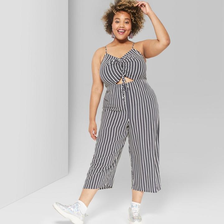 Women's Plus Size Striped Strappy Cinched Jumpsuit - Wild Fable Navy/white