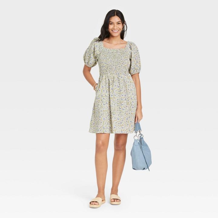 Women's Floral Print Puff Short Sleeve Smocked Dress - Universal Thread Blue