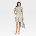 Women's Floral Print Puff Short Sleeve Smocked Dress - Universal Thread Blue