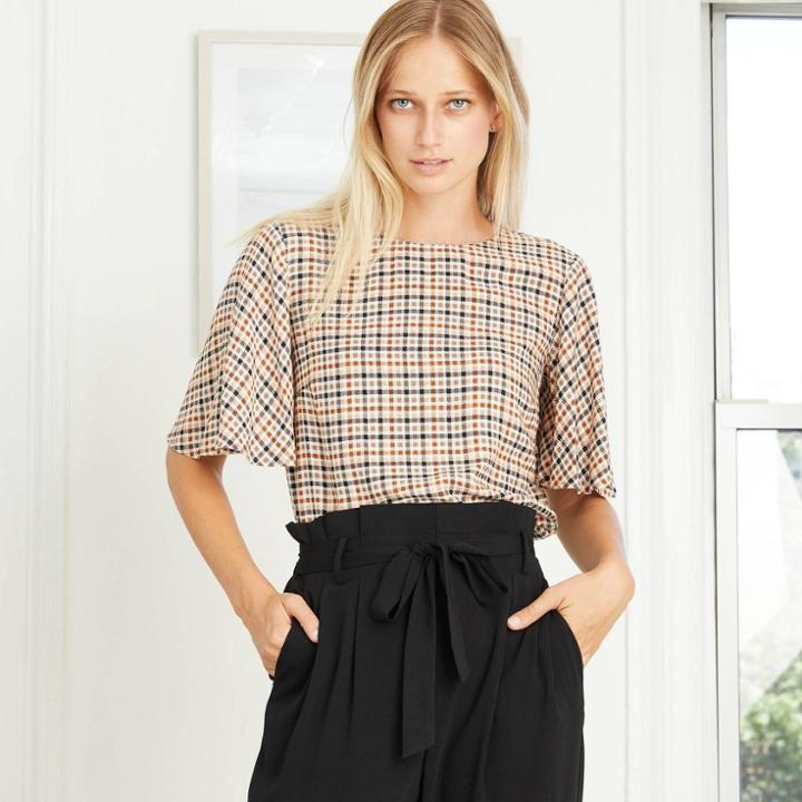 Women's Plaid Short Sleeve Woven T-shirt - A New Day Brown
