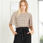 Women's Plaid Short Sleeve Woven T-shirt - A New Day Brown