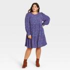 Women's Plus Size Geometric Print Long Sleeve Tiered Babydoll Dress - A New Day Blue/purple