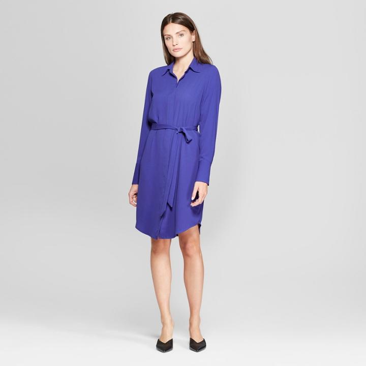 Women's Long Sleeve Collared Shirt Dress - Prologue Blue