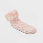 No Brand Women's Cable Knit Faux Shearling Lined Booties With Faux Fur Cuff & Grippers - Pink