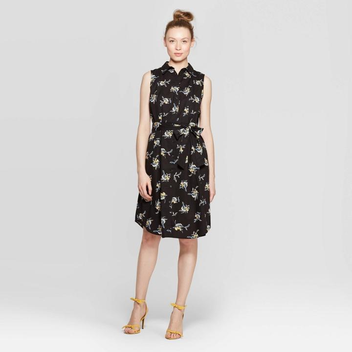 Women's Floral Print Sleeveless Collared Front Button-down Shirtdress - Who What Wear Black