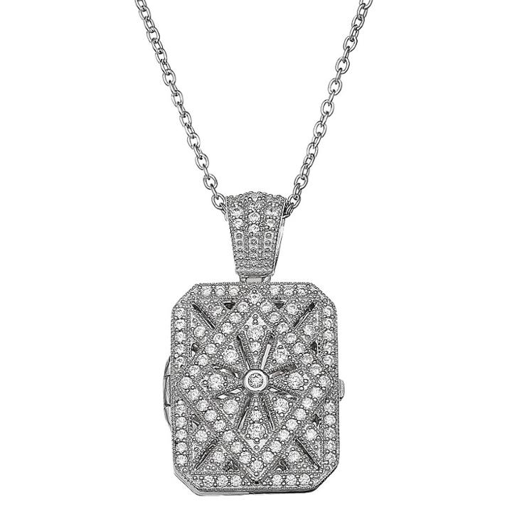 Target Women's Rectangle Locket With Clear Cubic Zirconia Stones In Sterling