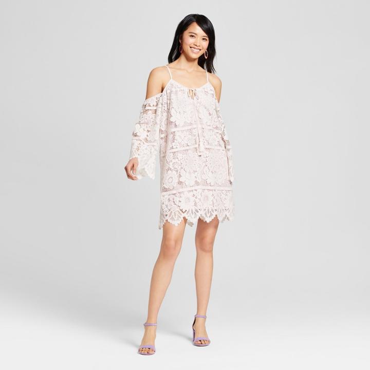 Women's Long Sleeve Cold Shoulder Lace Shift Sundress- Xhilaration White