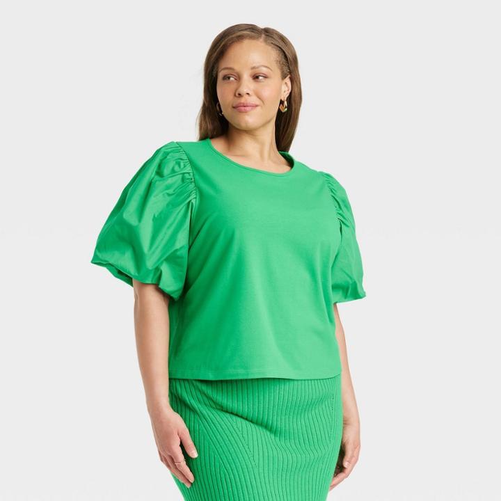 Women's Plus Size Puff Short Sleeve T-shirt - A New Day Bright Green