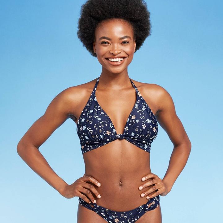 Juniors' Knot Front Longline Triangle Bikini Top - Xhilaration Dark Blue Floral D/dd Cup
