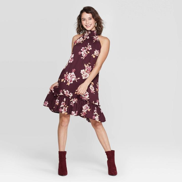 Women's Floral Print Sleeveless High Neck Ruffle Bottom Shift Mini Dress - Xhilaration Burgundy Xs, Women's, Red