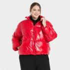 Women's Plus Size Short Wet Look Puffer Jacket - A New Day Wowzer Red