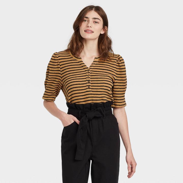 Women's Striped Puff Elbow Sleeve Henley Shirt - Who What Wear Brown
