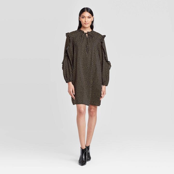 Women's Polka Dot Long Sleeve Boat Neck Ruffle A Line Mini Dress - Who What Wear Black