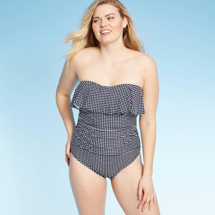Women's Bandeau Flounce One Piece Swimsuit - Kona Sol Navy/white Dot M, Size: