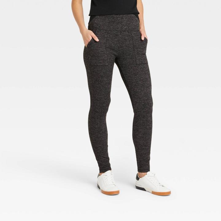 Women's Cozy Hacci Leggings With Pockets - A New Day Black