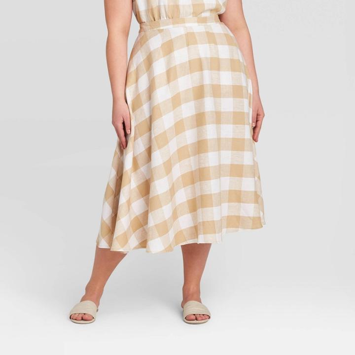 Women's Plus Size Plaid Circle Midi Skirt - Who What Wear Beige