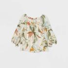 Women's Floral Print Long Sleeve Chiffon Muse Blouse - A New Day White