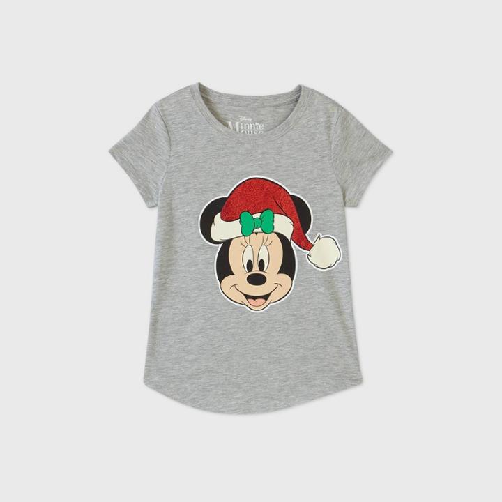 Girls' Disney Minnie Mouse Santa Hat Short Sleeve Graphic T-shirt - Gray