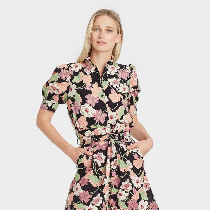 Women's Floral Print Puff Elbow Sleeve Ruffle Detail Top - Who What Wear Pink