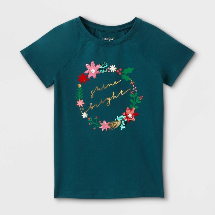 Girls' Short Sleeve 'holiday Wreath' Flip Sequin T-shirt - Cat & Jack Teal
