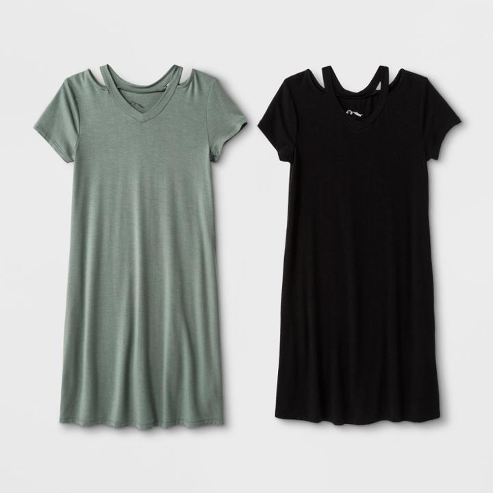 Girls' 2pk Short Sleeve Cold Clavicle A Line Dress - Art Class Black/green