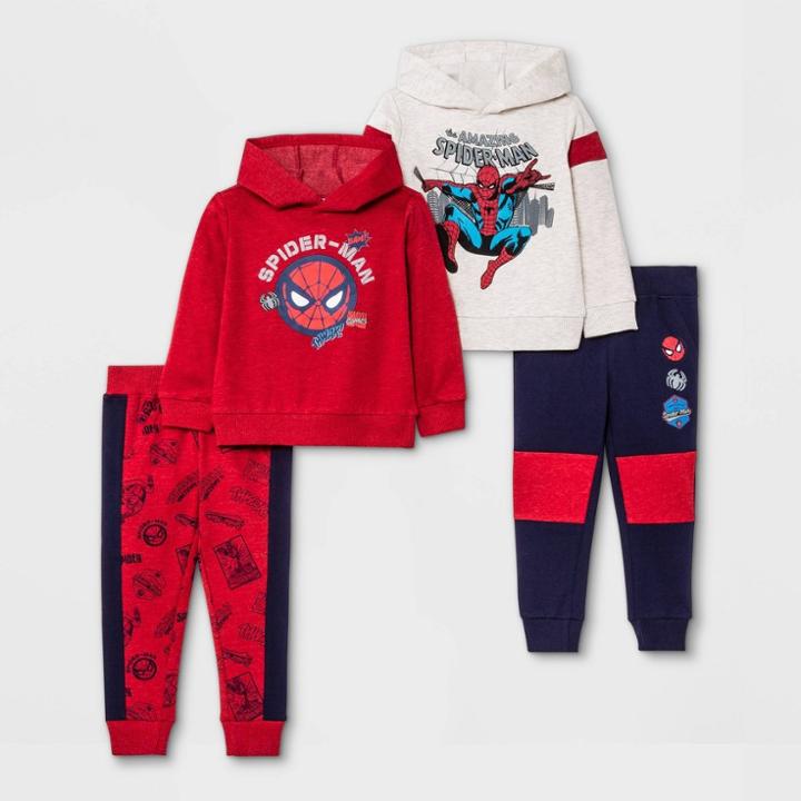 Toddler Boys' 4pk Marvel Fleece Hoodie And Jogger Set - Cream/navy/red